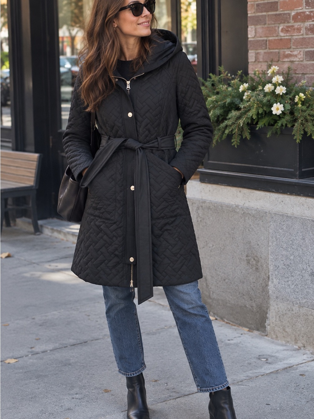 Cole Haan Signature Black Quilted Belted Hooded Coat Petite S